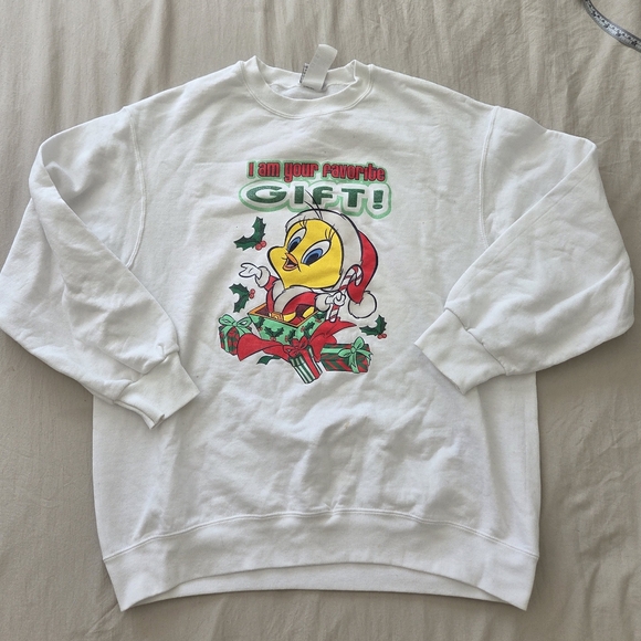 Warner Bros. Sweaters - Looney Tunes Tweety White Holiday Crewneck Sweater with Red & Green Accents Lrg
